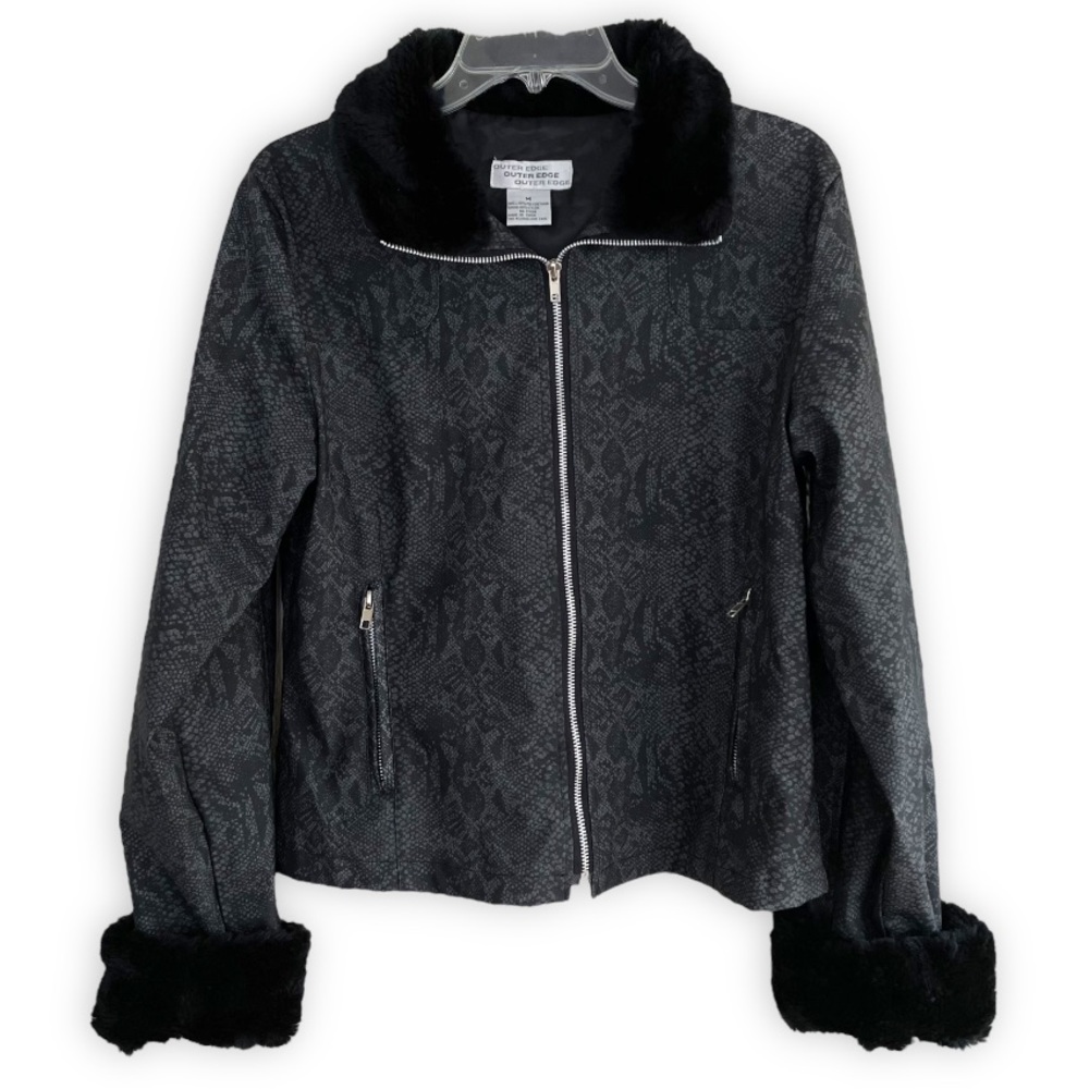 90s Y2K Snake Skin Printed Faux Fur Sleeve Zip Up Rain Jacket